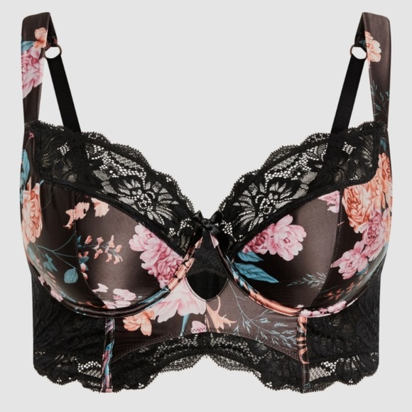 City Chic Vivienne Contour Longline Bra Black Floral Print 36DD Q2 - Picture 1 of 4